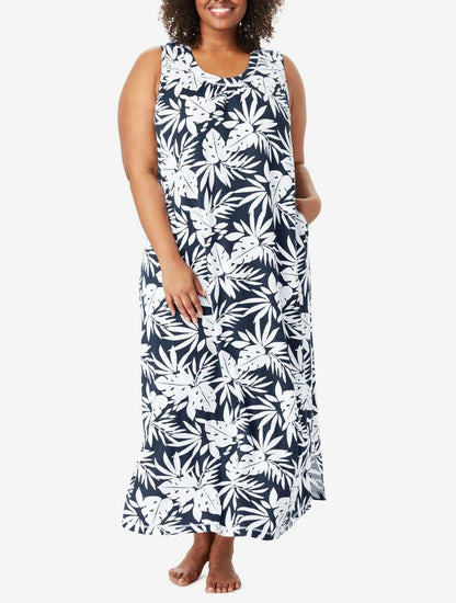 Dreams & Co. Plus Size Navy Leaf Print Long Sleeveless Lounger Size 5X(38/40)