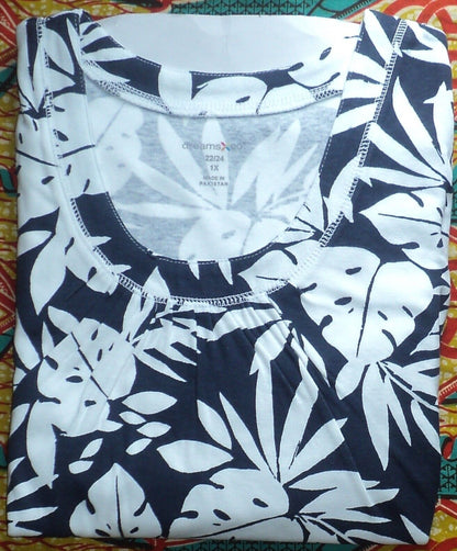 Dreams & Co. Plus Size Navy Leaf Print Long Sleeveless Lounger Size 5X(38/40)