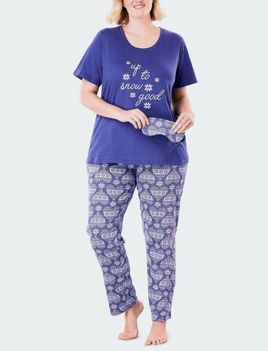 Dreams & Co. Plus Size Blue Sapphire Snow Pajama Set With/Eye Mask Size L-18/20