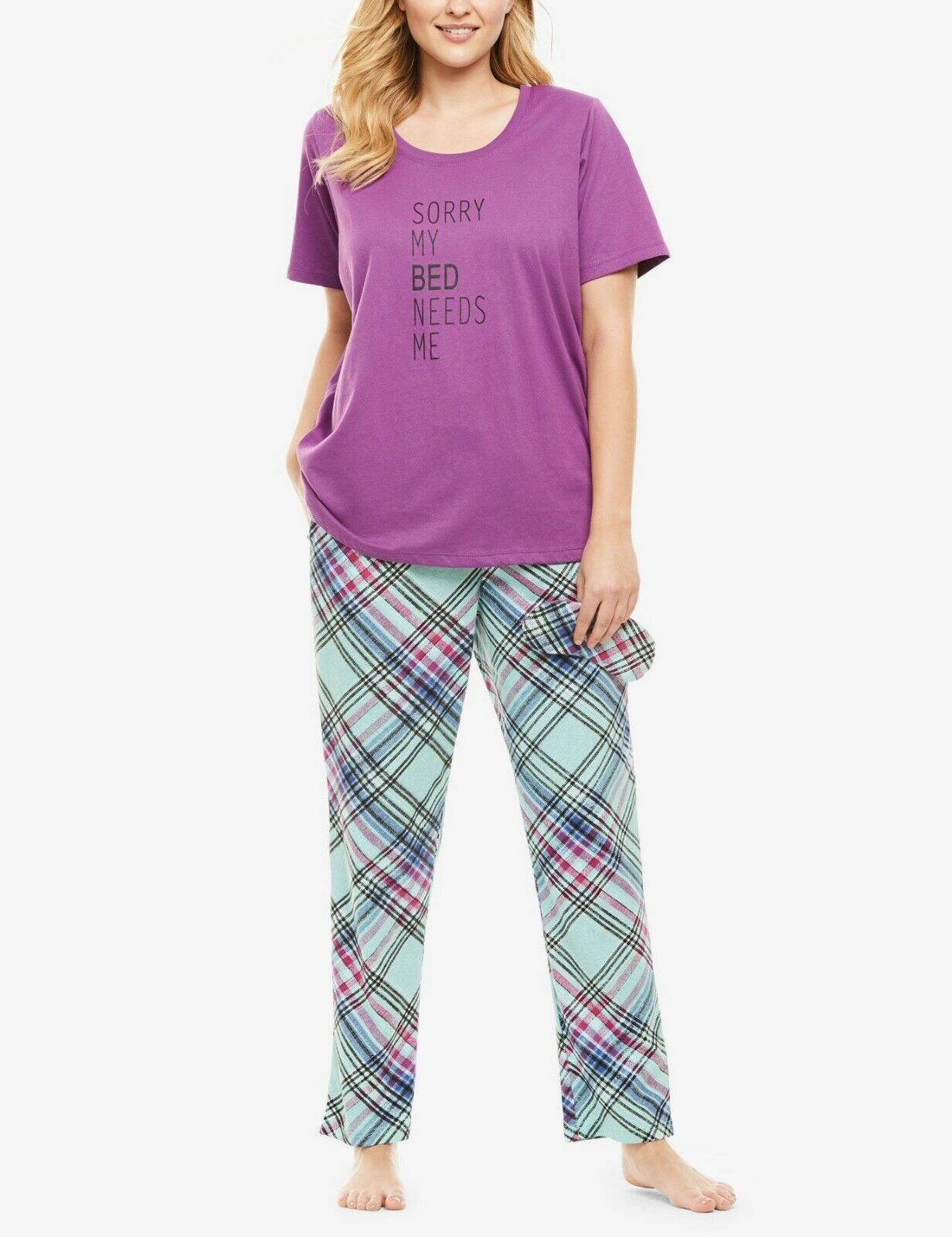 Dreams & Co. Plus Size Multi Plaid Pajama Set With/Eye Mask Size L(18/20)