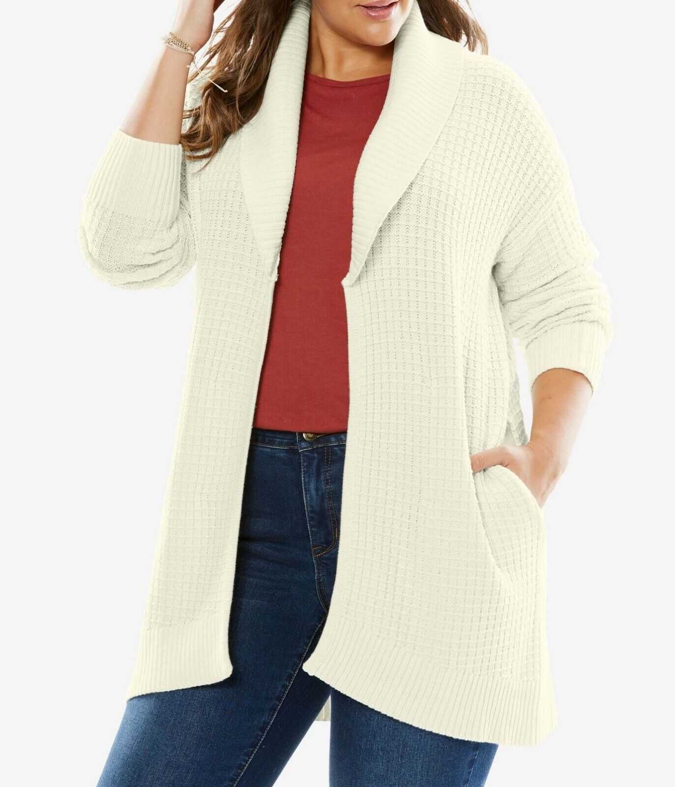 Woman Within Plus Size  Ivory Shawl Collar Long Sleeve Cardigan Size 2X(26/28)