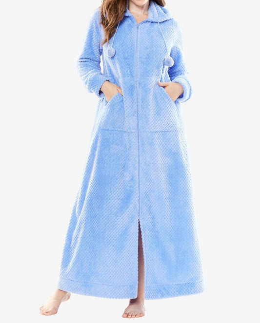 Dreams & Co. Plus Size French Blue Plush Hooded Long Robe Size L(18/20)