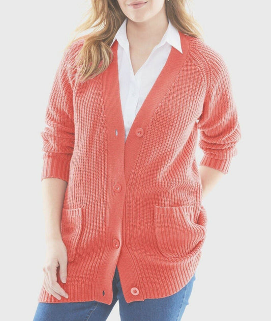 Woman Within Plus Size Sunset Coral Shaker Knit Cardigan Size 3X(30/32)