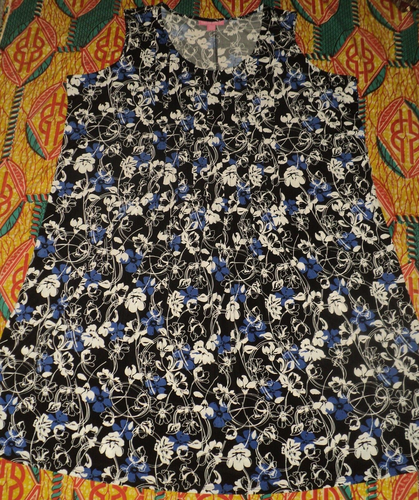 Woman Within Plus Size Black Print Sleeveless Pleats Front Knit Dress Size 1X