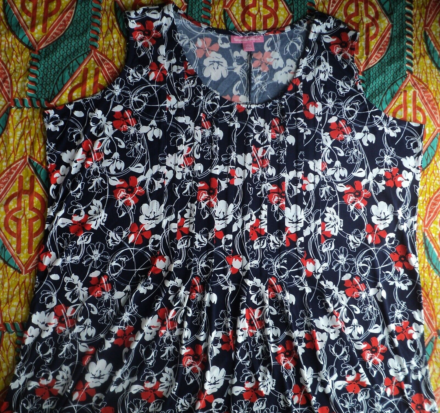 Woman Within Plus Size Navy Print Sleeveless Pleats Front Knit Dress Sz 2X-26/28