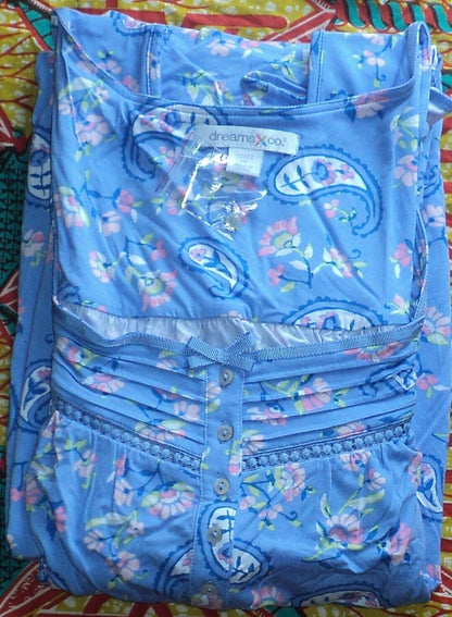 Dreams & Co. Plus Size French Blue Paisley Sleeveless Long Knit Lounger Size 2X