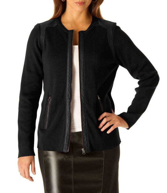 Jessica London Plus Size Black Long Sleeve Leather-Trim Cardigan Size 22/24