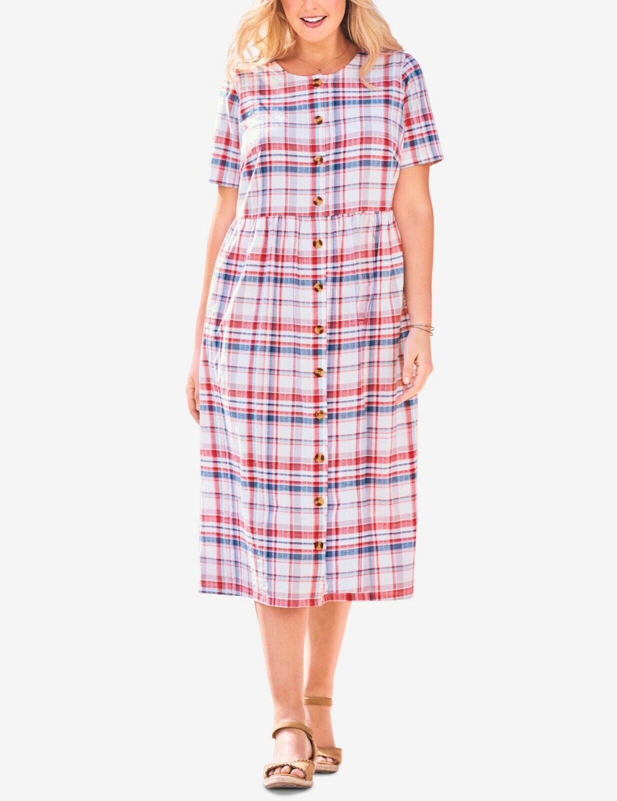 Woman Within Plus Size White Multi Plaid Short-Sleeve Seersucker Dress Size 28W