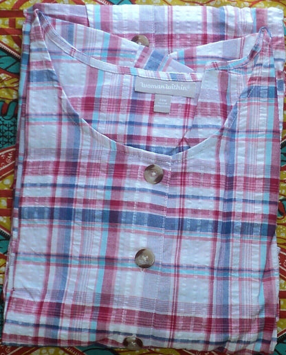 Woman Within Plus Size White Multi Plaid Short-Sleeve Seersucker Dress Size 28W