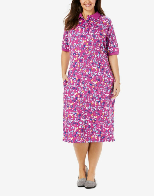 Woman Within Plus Size Rich Magenta Floral A-Line Polo Tee Dress Size 4X(34/36)