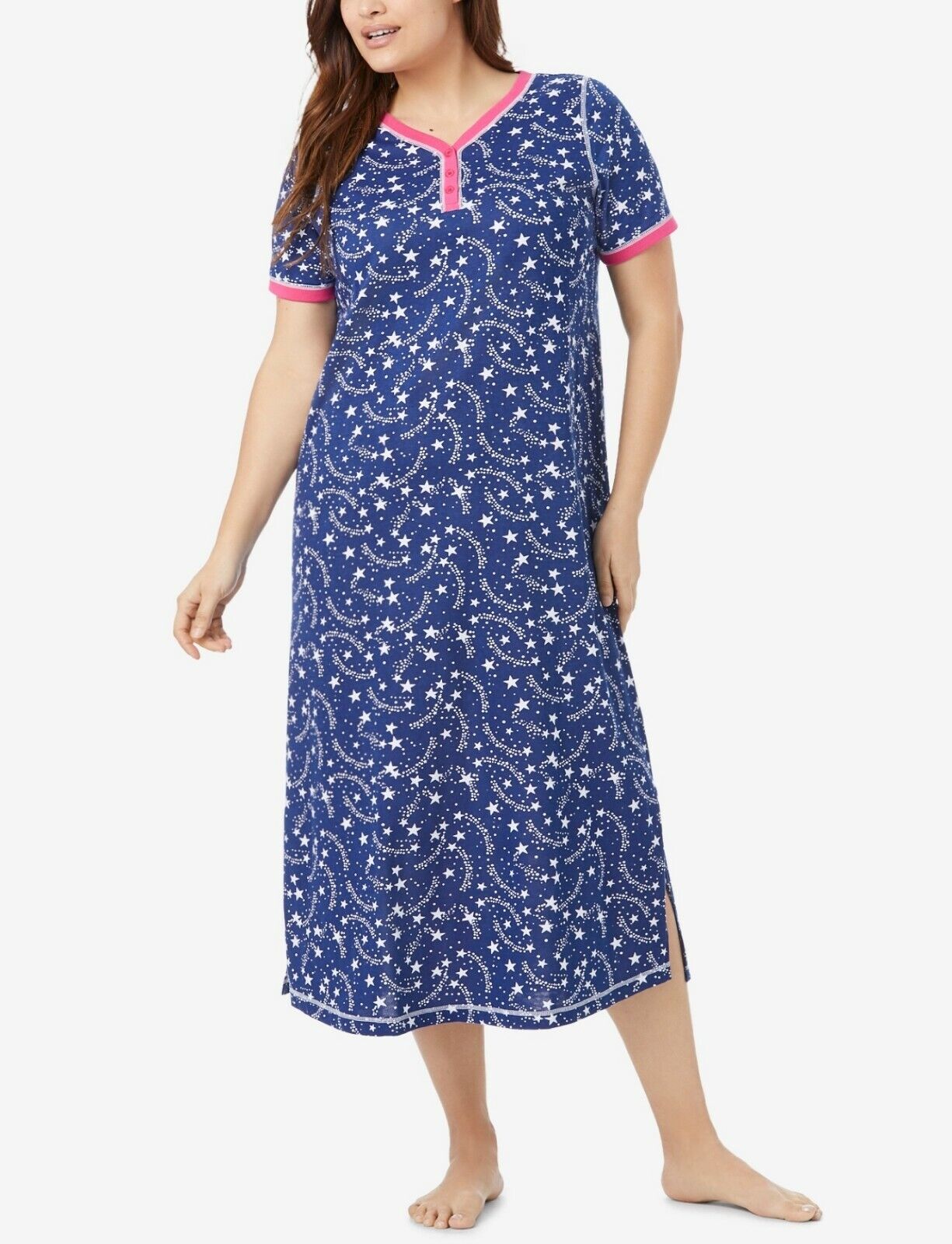 Dreams & Co. Plus Size Evening Blue Stars Long Henley Sleepshirt Size 4X(34/36)