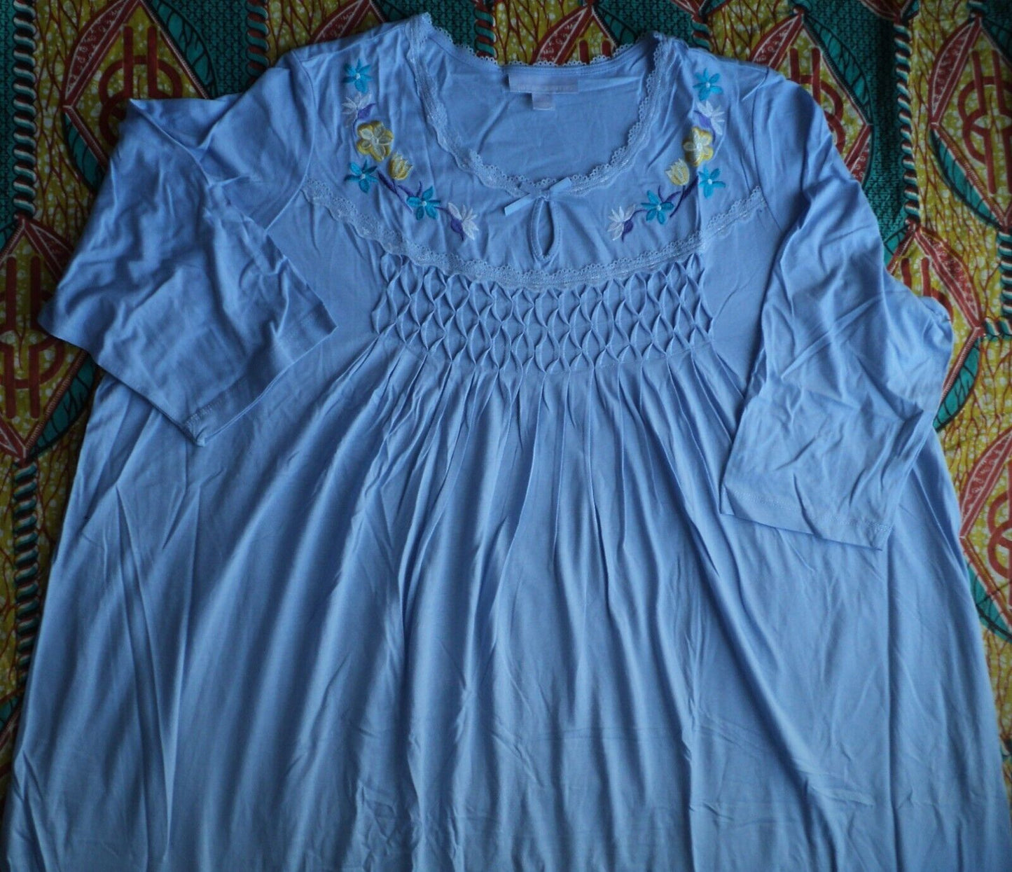 Only Necessities Plus Size Sky Blue 3/4 Sleeves Smocked Nightgown Size L-18/20