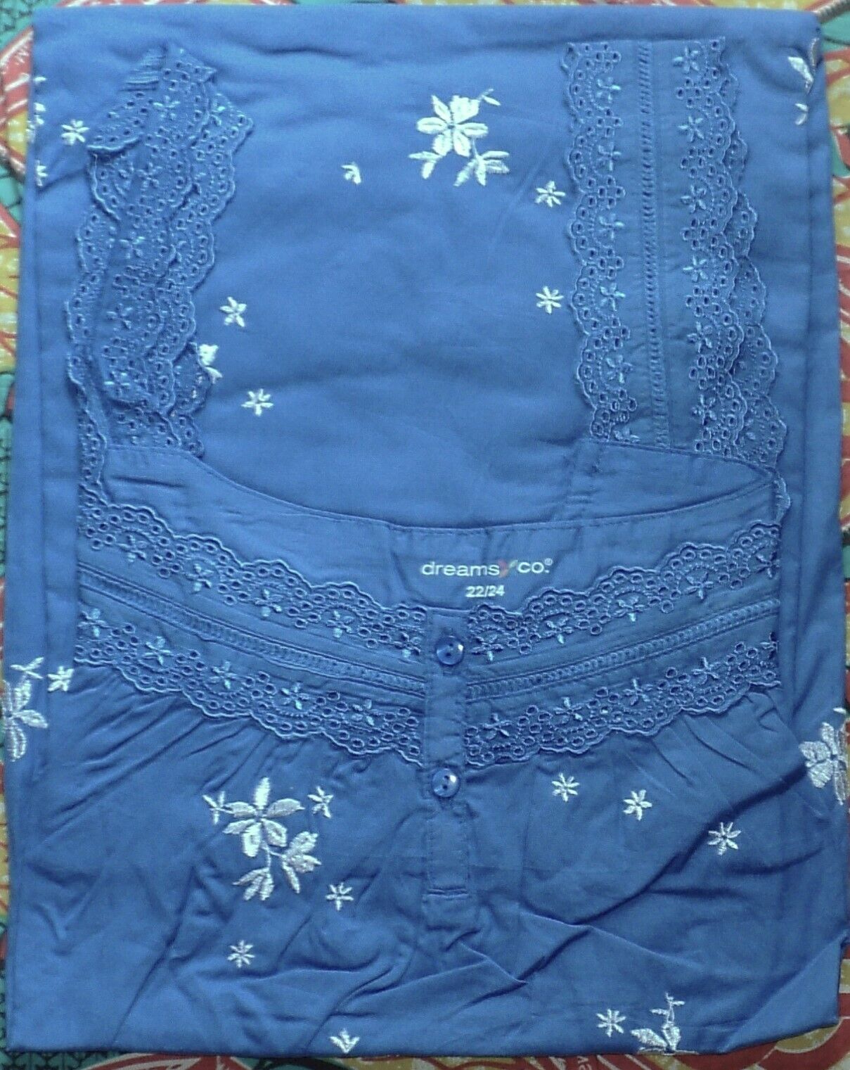 Dreams & Co. Plus Size True Blue Long Strap Embroidered Nightgown Size 1X(22/24)