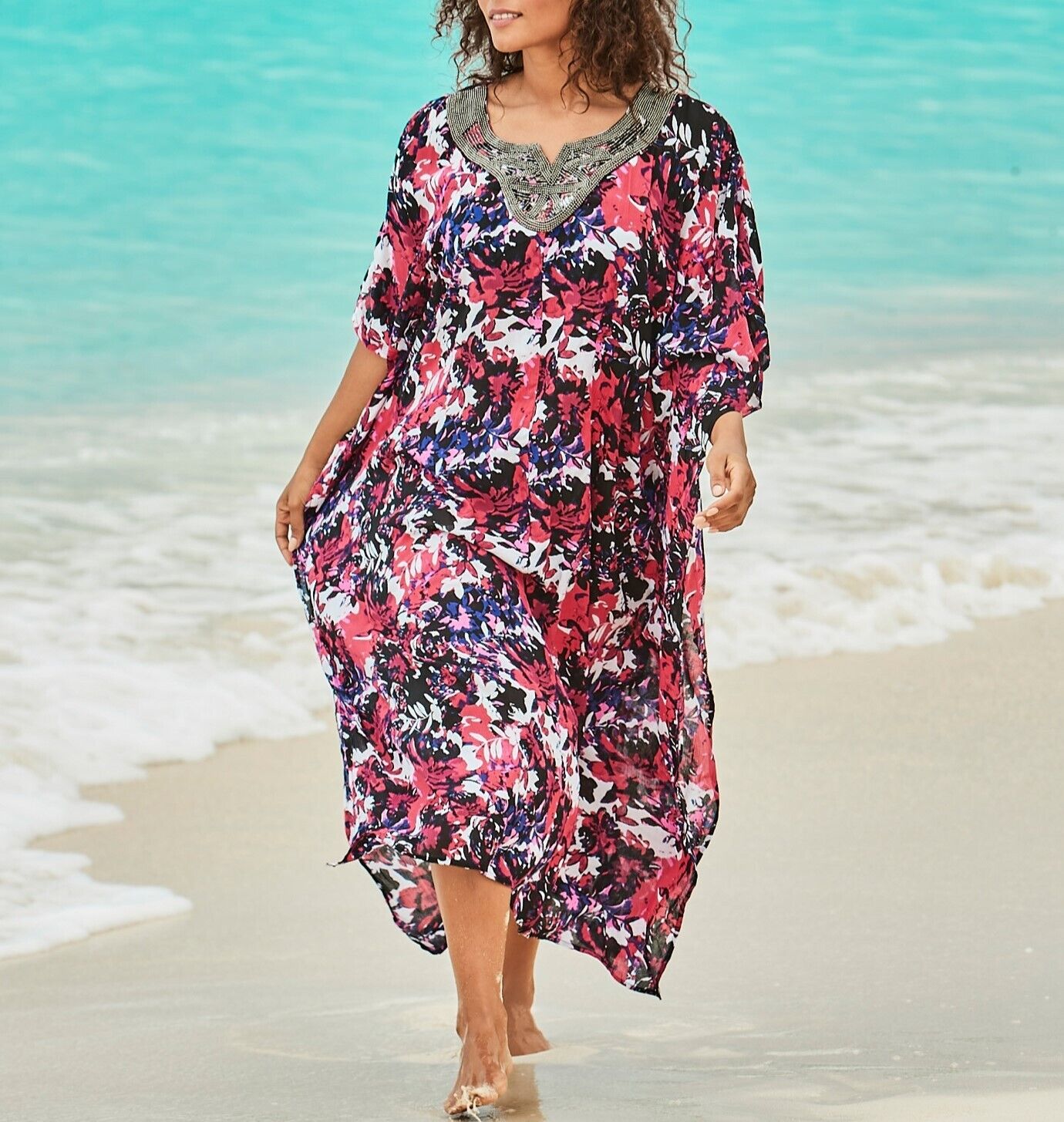 Swimsuits For All Plus Size Pink Floral Long Embroidered Caftan Cover Up 18/20