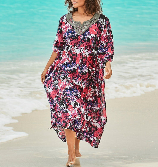 Swimsuits For All Plus Size Pink Floral Long Embroidered Caftan Cover Up 18/20