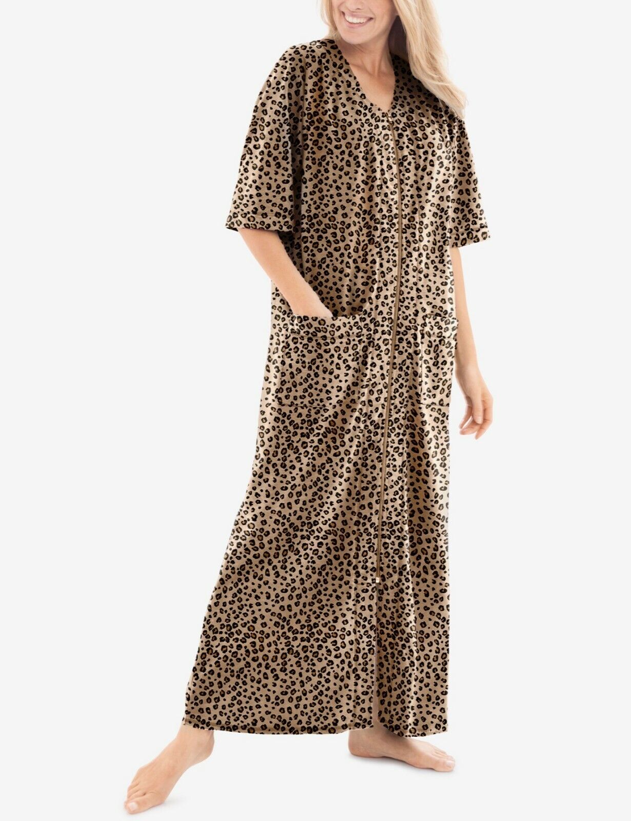 Dreams & Co. Plus Size Classic Leopard Short Sleeves Long Zip-Front Robe Size 6X