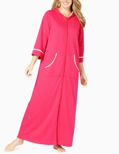 Dreams & Co. Plus Size Pink Burst 3/4 Sleeves Long Hooded Robe Size 1X(22/24)