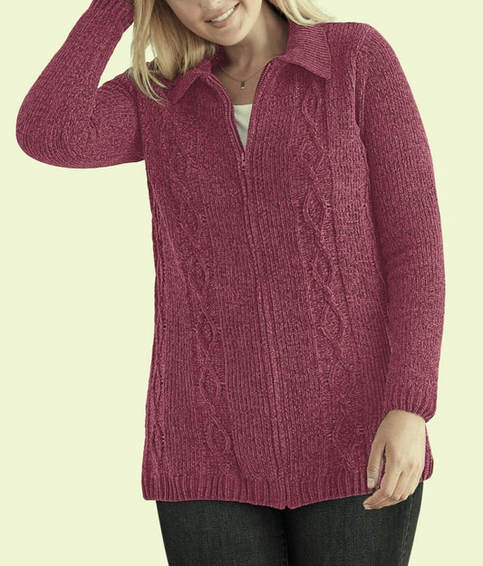 Woman Within Plus Size Raspberry Chenille Zip Cable Cardigan Size 2X(26/28)