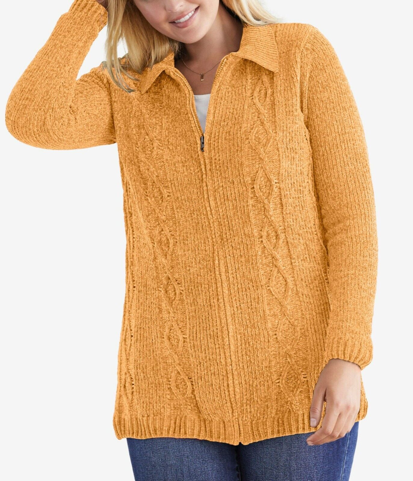 Woman Within Plus Size Raspberry Chenille Zip Cable Cardigan Size 2X(26/28)