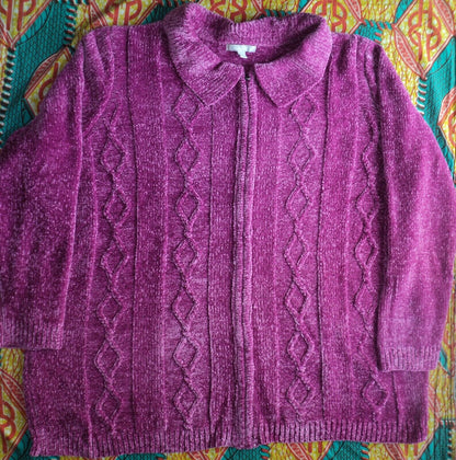 Woman Within Plus Size Raspberry Chenille Zip Cable Cardigan Size 2X(26/28)