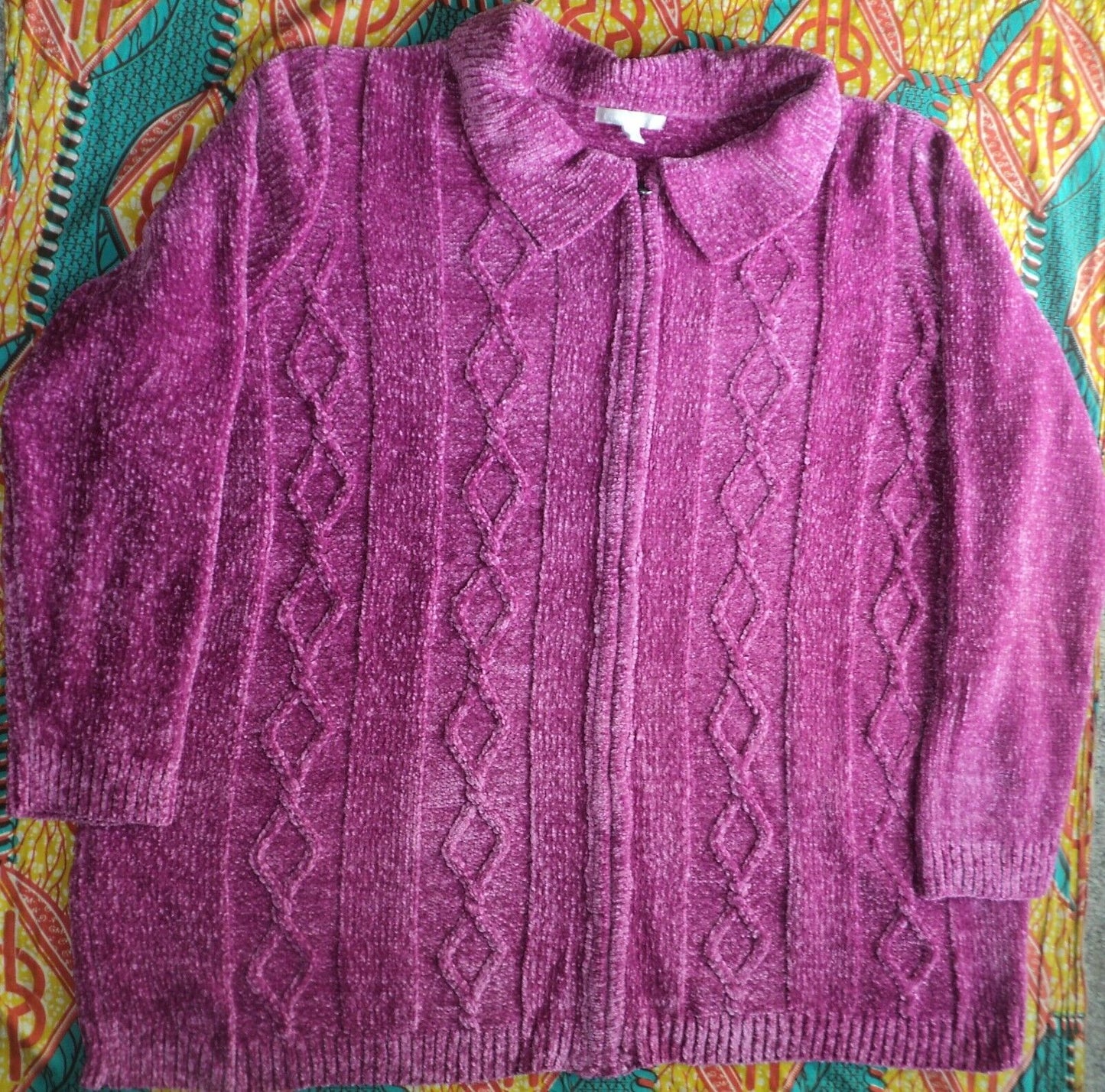 Woman Within Plus Size Raspberry Chenille Zip Cable Cardigan Size 5X(38/40)
