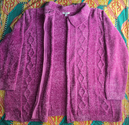 Woman Within Plus Size Raspberry Chenille Zip Cable Cardigan Size 5X(38/40)