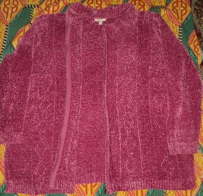 Woman Within Plus Size Raspberry Chenille Zip Cable Cardigan Size 5X(38/40)