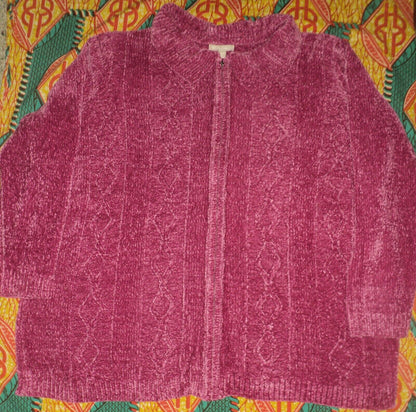 Woman Within Plus Size Raspberry Chenille Zip Cable Cardigan Size 5X(38/40)