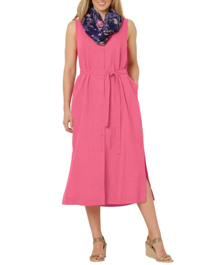 Woman Within Plus Size Bright Pink Sleeveless Button-Front Linen-Blend Dress 26W