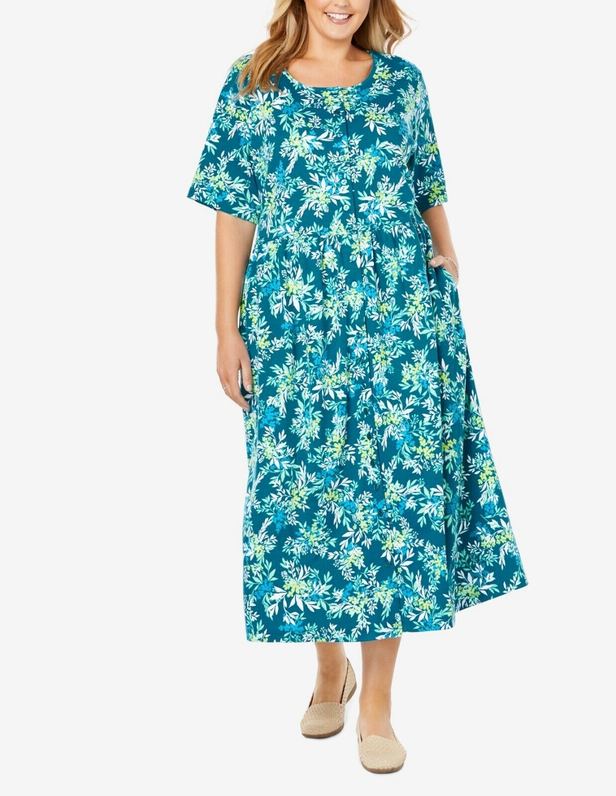 Woman Within Petite Plus Size Deep Teal Button Front Empire Waist Dress Size 6X