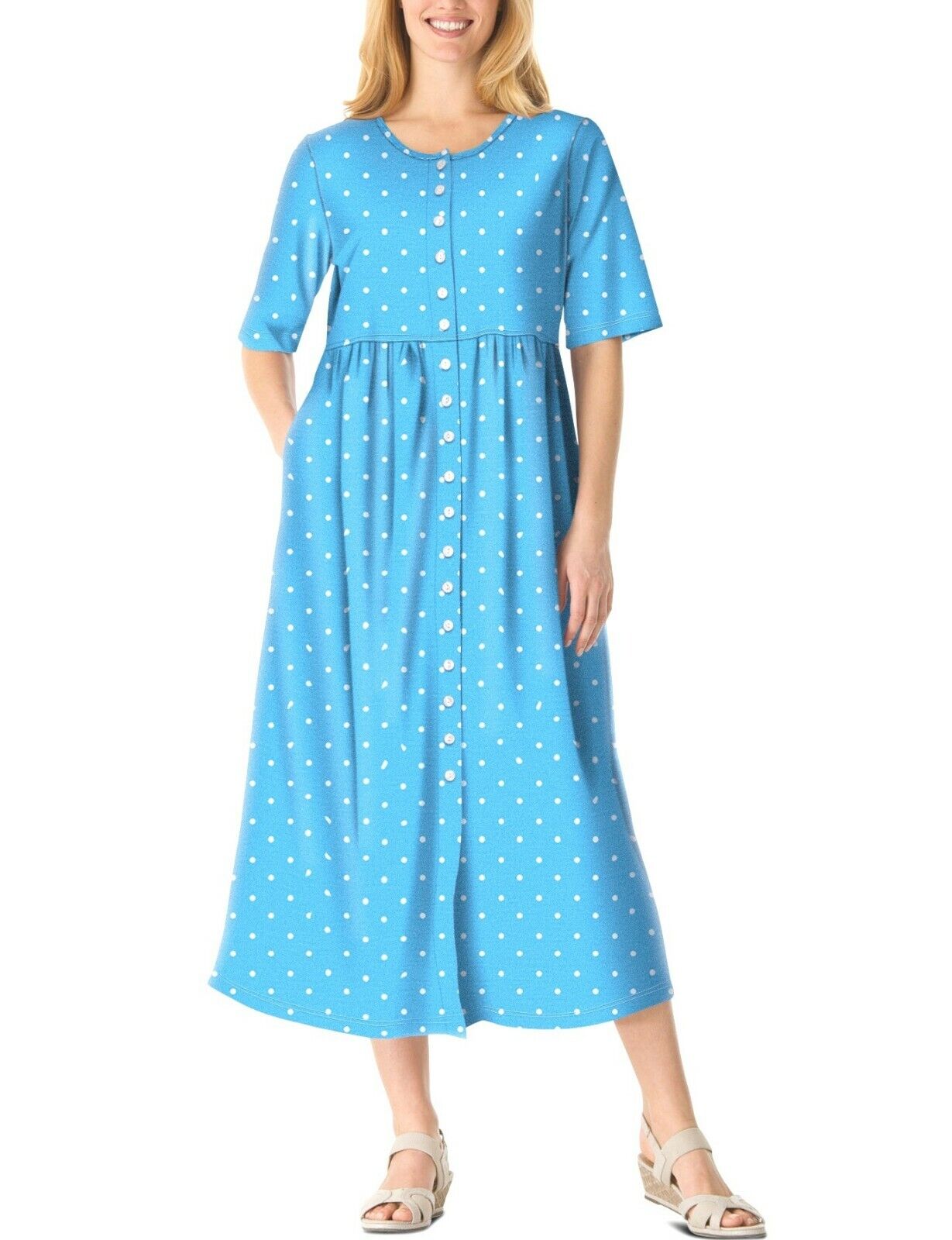 Woman Within Plus Size Paradise Blue Button Front Empire Waist Dress