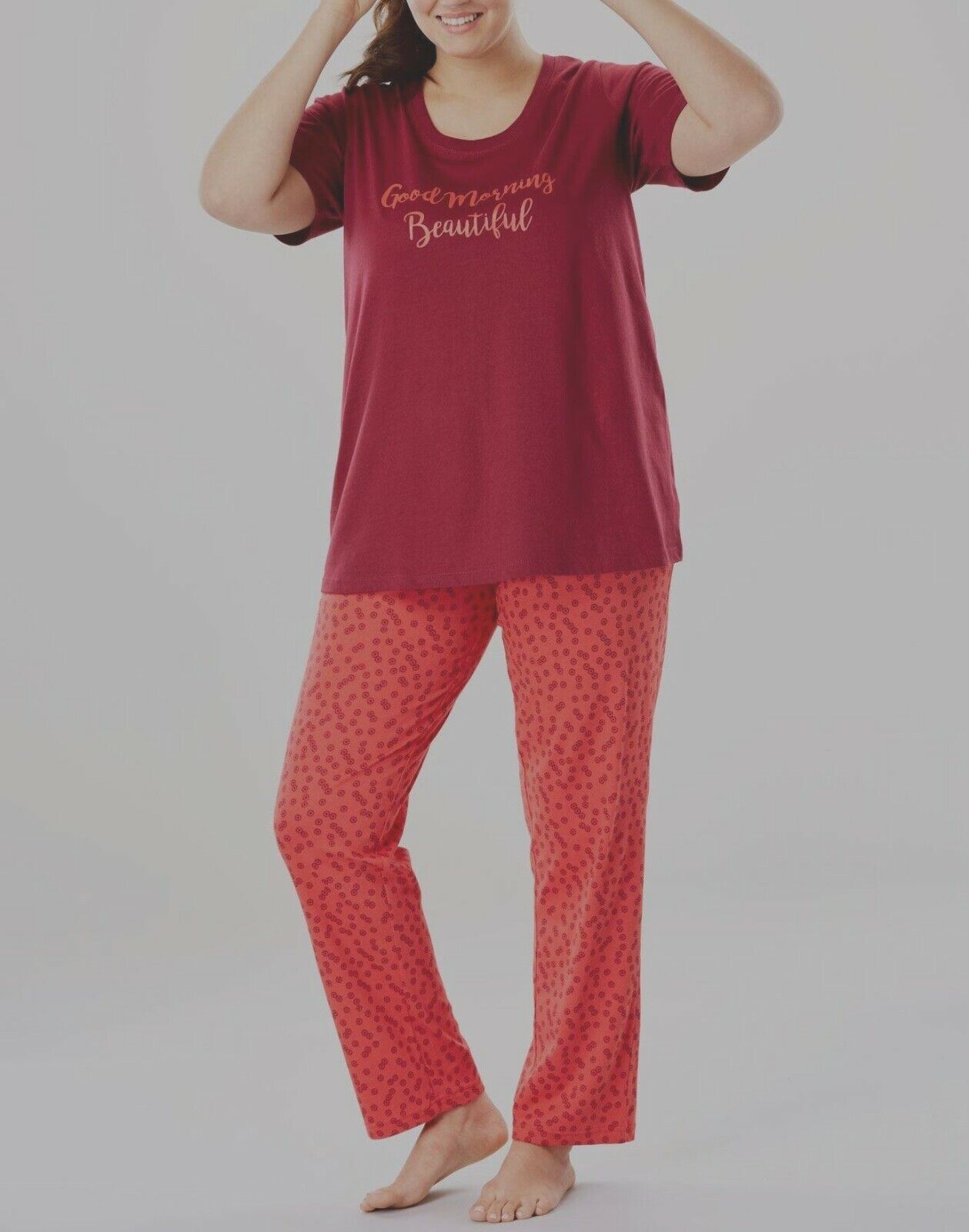 Dreams & Co. Plus Size Coral Ruby Dot Pajama Set With/Eye Mask